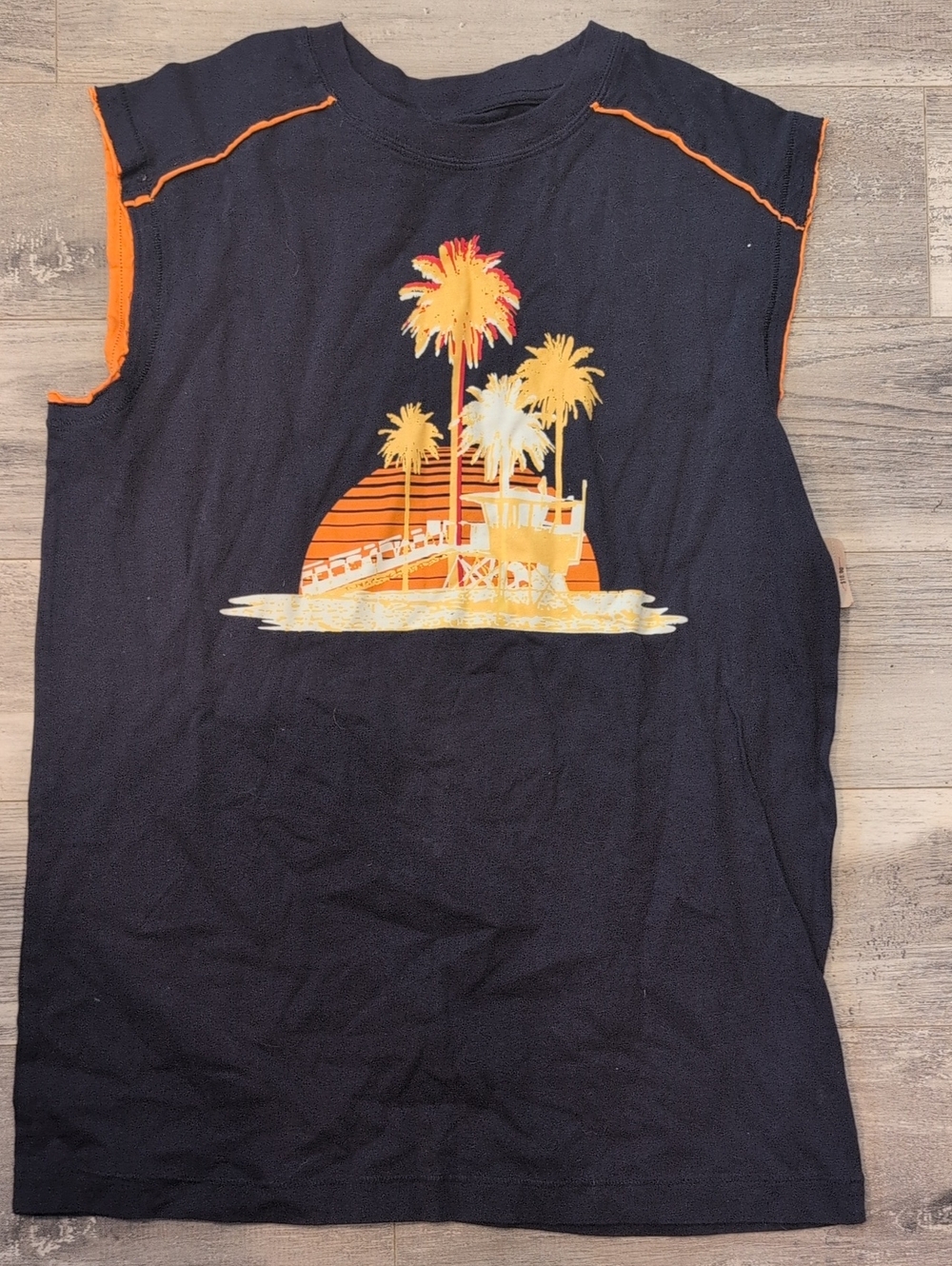 Kids Black Graphic Palm-Print Muscle Tee - Orange Accent
